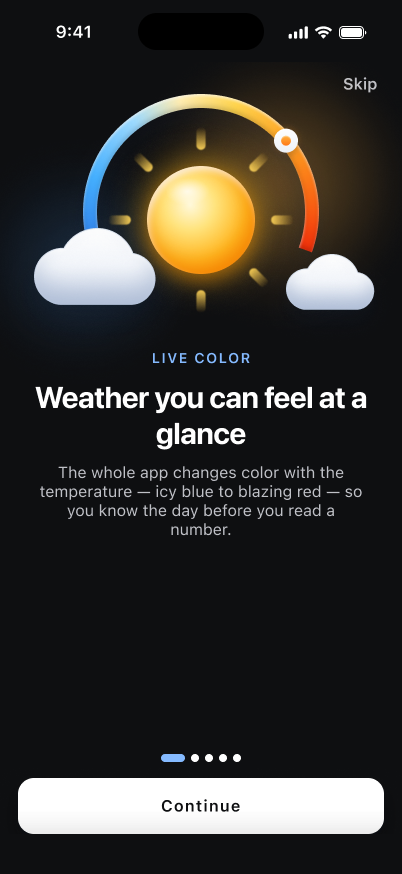 Climate dark-mode onboarding illustration explaining temperature-driven live color